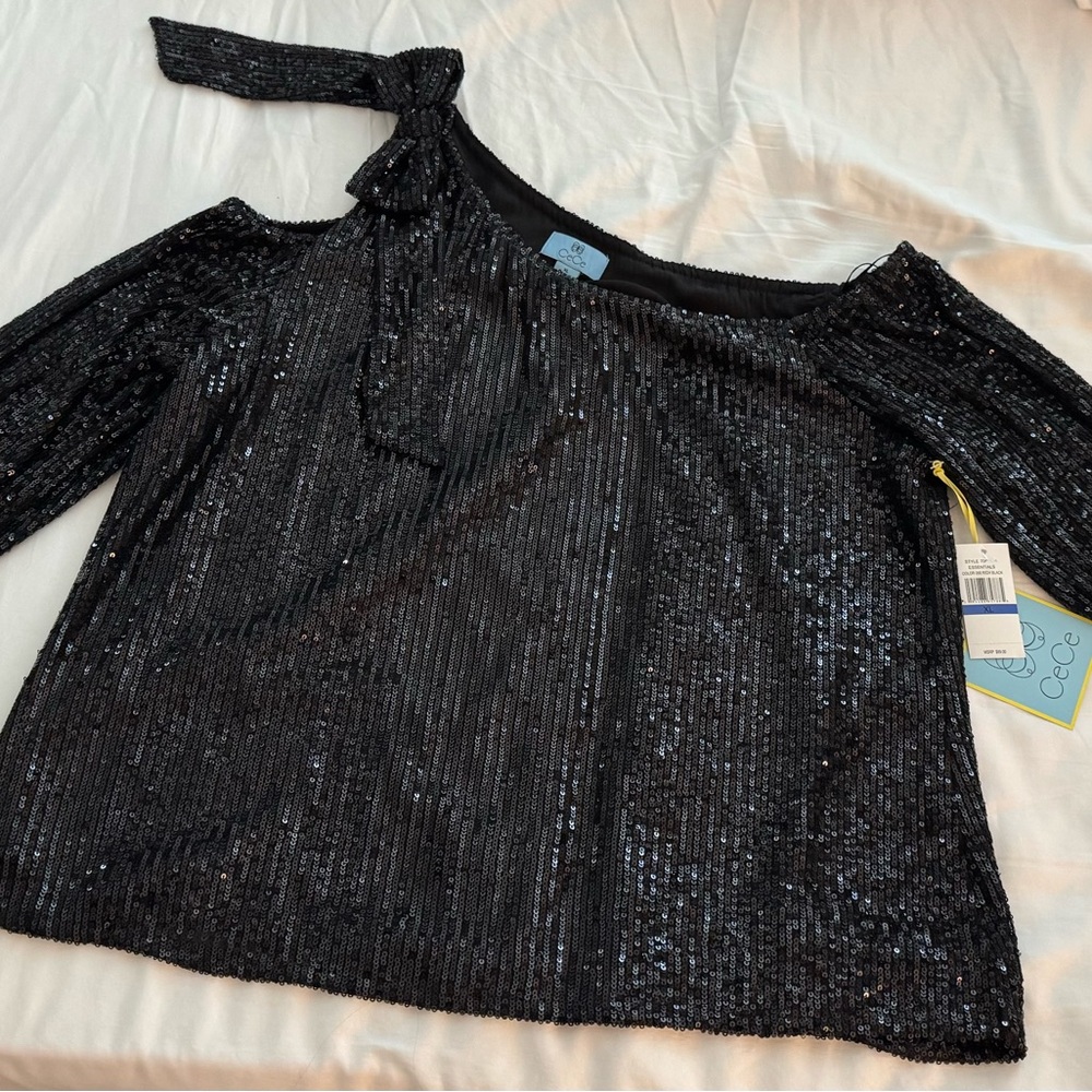 CeCe Black Sequin Blouse with Bow Detail